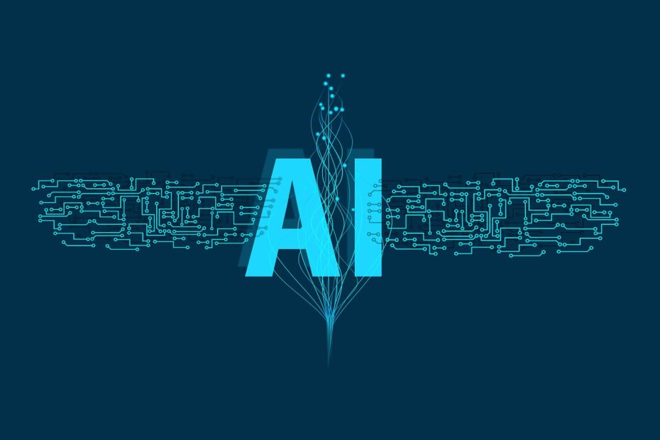 Image of the letters AI on a blue background with computer coding