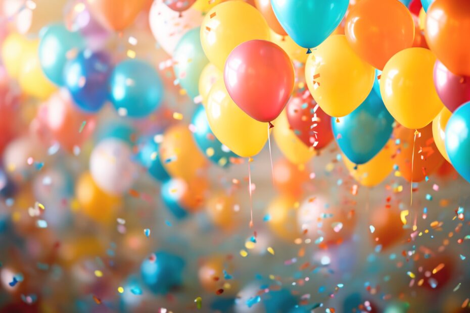 Set of colorful realistic mat helium balloons floating on blurred colourful background.
