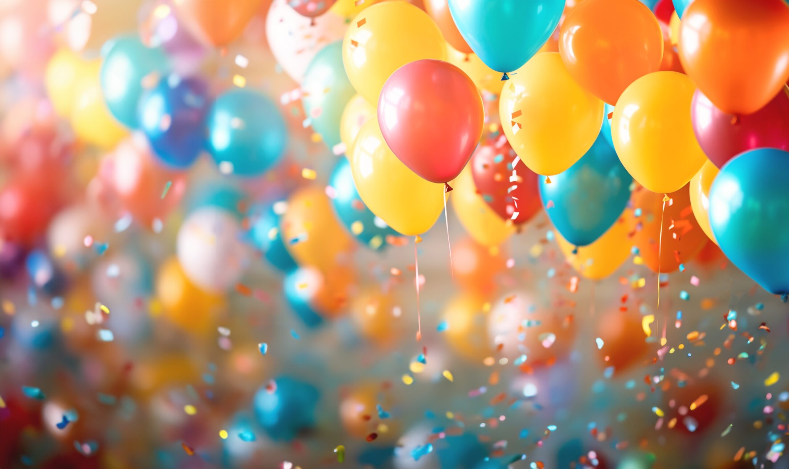 Set of colorful realistic mat helium balloons floating on blurred colourful background.